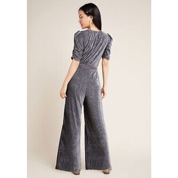 ANTHROPOLOGIE GREYLIN Silver Metallic Crinkle Wide Leg Jumpsuit large - Picture 2 of 9